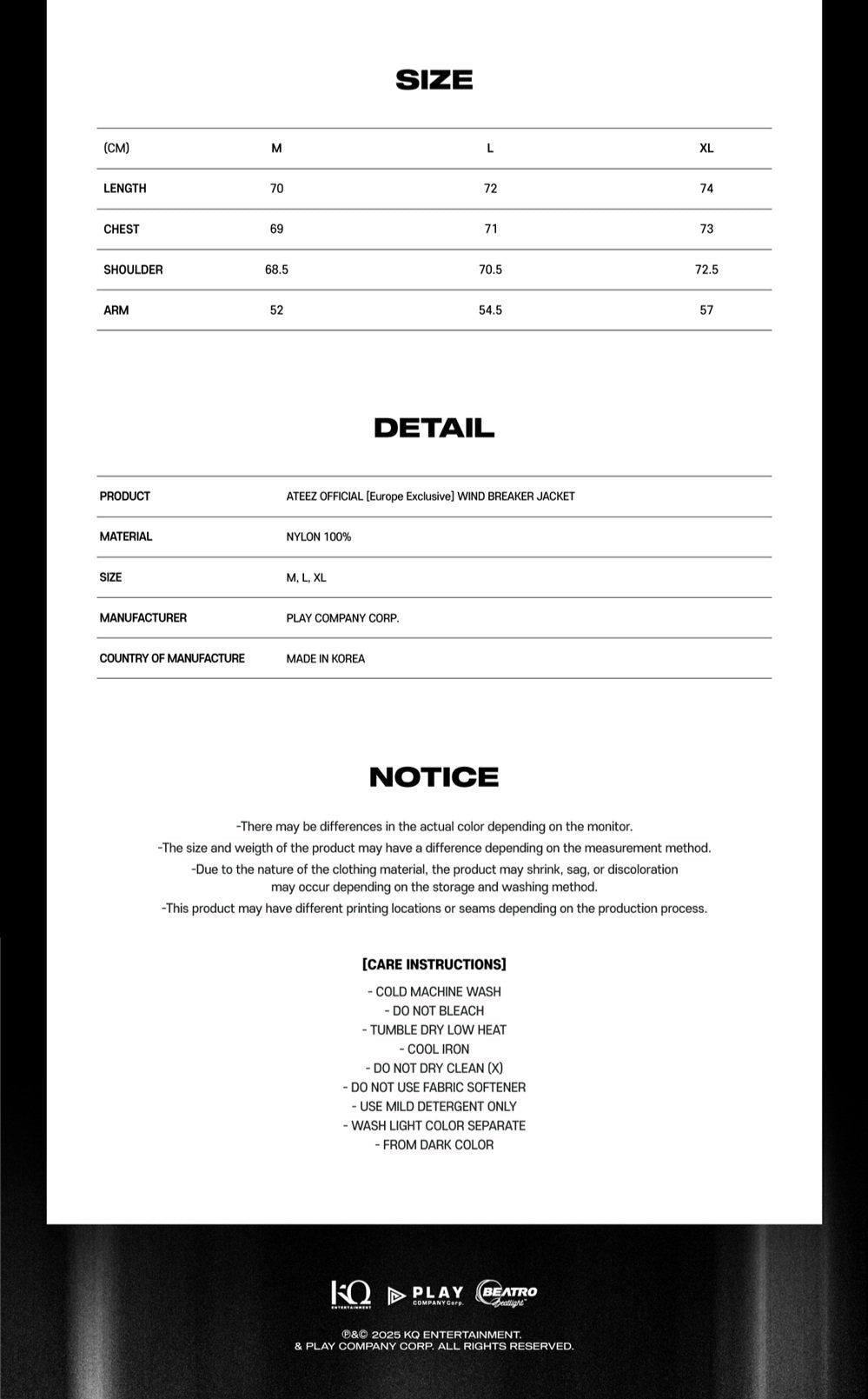 *PREORDER* ATEEZ - TOWARDS THE LIGHT : WILL TO POWER WORLD TOUR POP-UP STORE IN EUROPE OFFICIAL MD - WIND BREAKER JACKET-SQ9780165